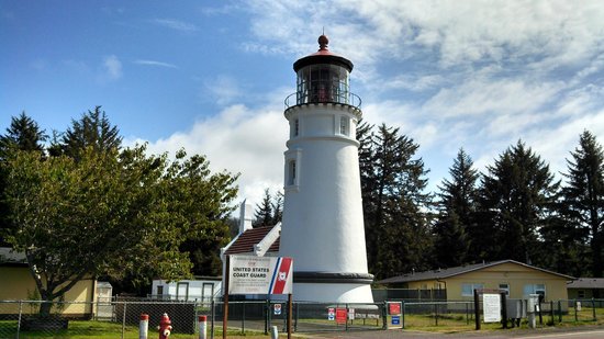 White lighthouse with a red top, surrounded by green trees, a United States Coast Guard sign, and buildings, under a partly cloudy blue sky.