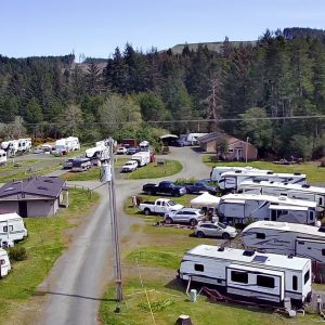 Aerial view of an RV park featuring numerous campers, vehicles including a yellow car, a central building, and gravel roads amidst grassy areas, with a forest in the background.